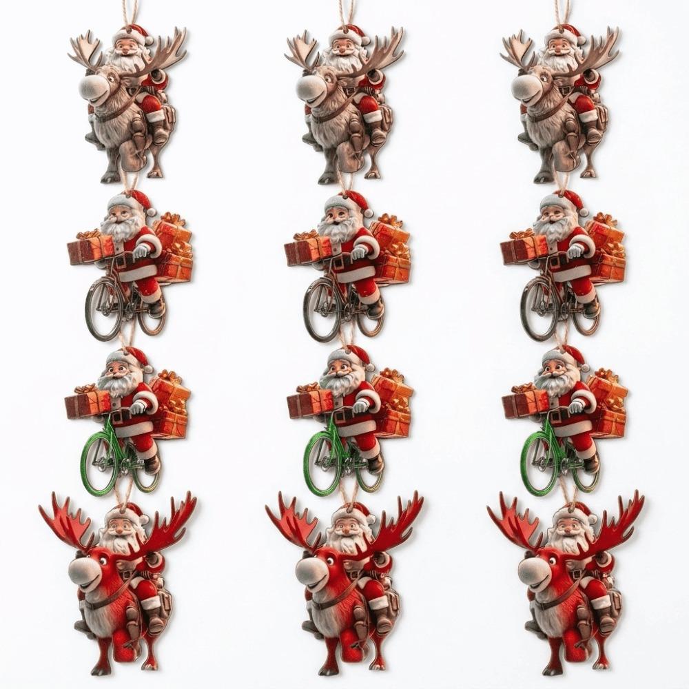 Unique Wooden Hanging Pendants 2D Flat Christmas Decorations Set Santa Claus Ornaments Gift