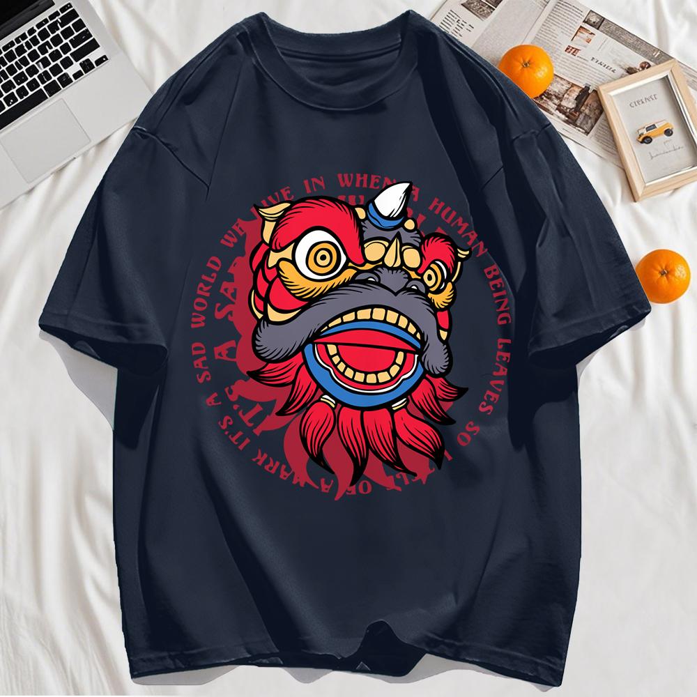 Энергичные принты головы танцующего льва Мужская футболка Хип-хоп с круглым вырезом и коротким рукавом Хлопковая повседневная футболка Оверсайз Летний топ