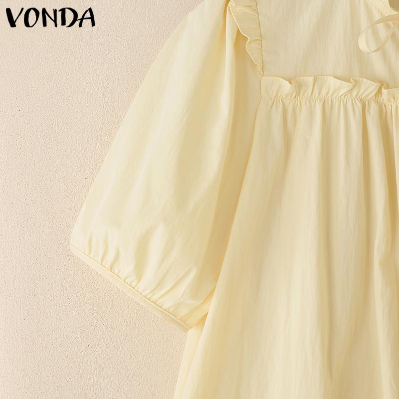 VONDA Women Ruffled Lace-up Neck Short Sleeve Casual Long Blouse