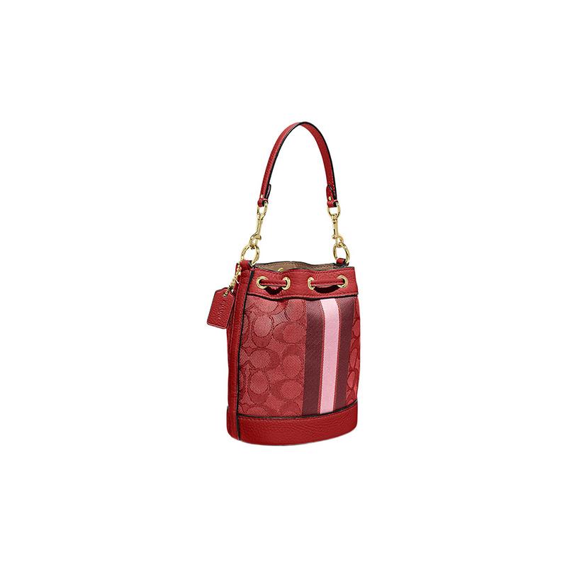 COACH handbag Dempsey 14 Classic Presbyopia Drawstring Closure Jacquard Fabric and Pebbled Cowhide Bucket Bag Hand-held Shoulder Crossbody Bag Mini