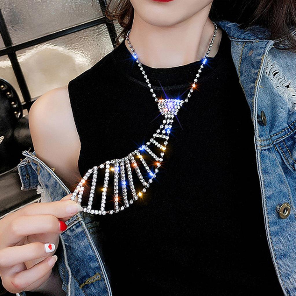 Womens Sparkly Rhinestones Necklace with Adjustable Chain Shiny Crystal Long Necktie Fashion Neck Jewelry Gift for Party