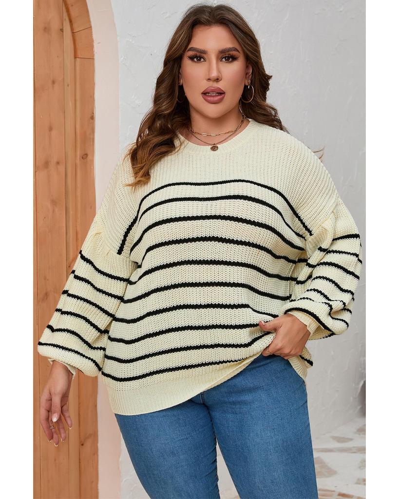 Azura Exchange Khaki Plus Size Striped Drop Shoulder Puff Sleeve Sweater