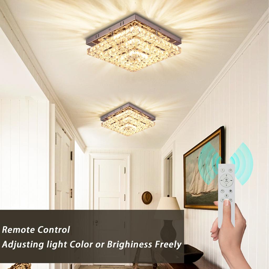 Dimmable LED K9 Crystal Ceiling Light 3 Tiers Square Surface Mounted Ceiling Lamp with Remote Control for Hotel Home Decor