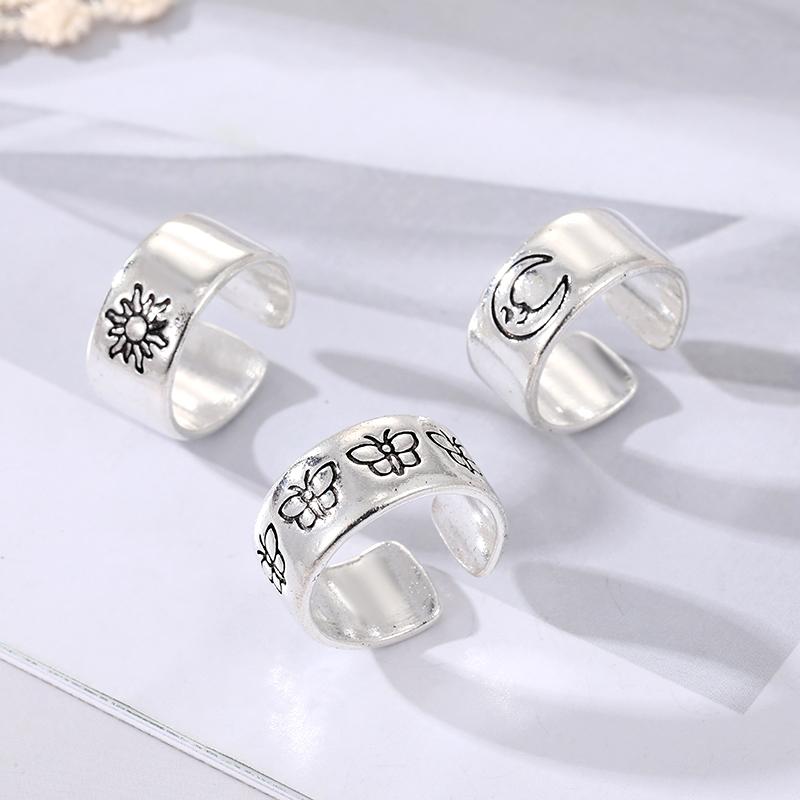 Ретро Серебряная Луна Солнце Бабочка Открытие Регулировка Праздничная одежда Универсальный набор ювелирных колец