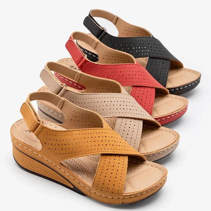 Женские сандалии, сандалии на каблуке с открытым носком, летняя женская обувь, удобная обувь на танкетке, роскошная летняя обувь на платформе