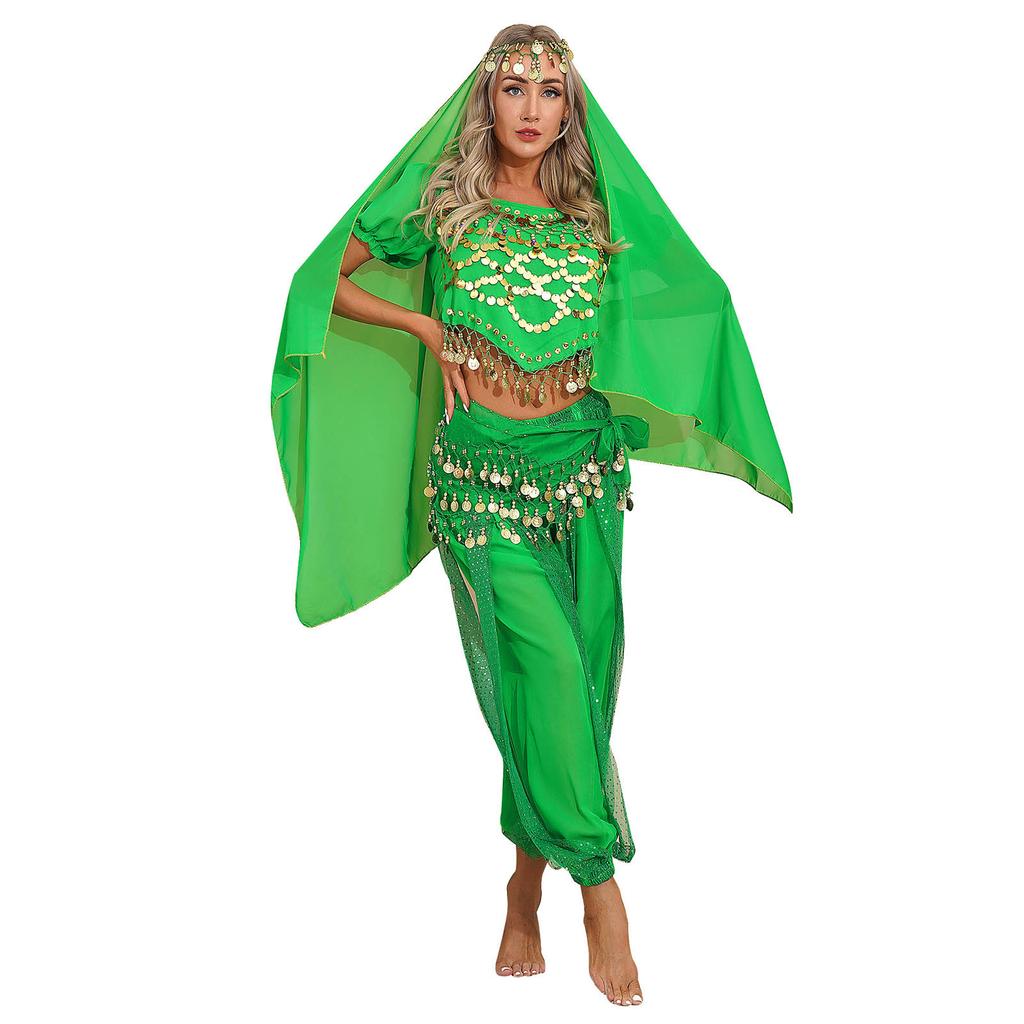 Женский наряд для танца живота, карнавальный костюм на Хэллоуин, укороченный топ с короткими рукавами и пайетками, шаровары, набедренный платок, головной платок