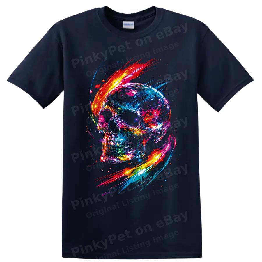 Neon Skull T Shirt Colorful Abstract Paint Splash Gothic Art Graphic Tee Style