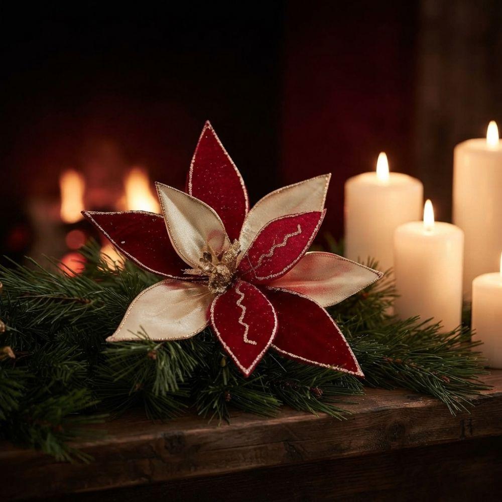 Velvet Texture Artificial Christmas Flower Glitter Edge Xmas Floral Decor Tabletop Display