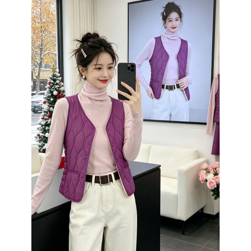 Womens Warm Puffer Vest Short V-Neck Sleeveless Quilted Waistcoat With Pocket Slim Fit Winter