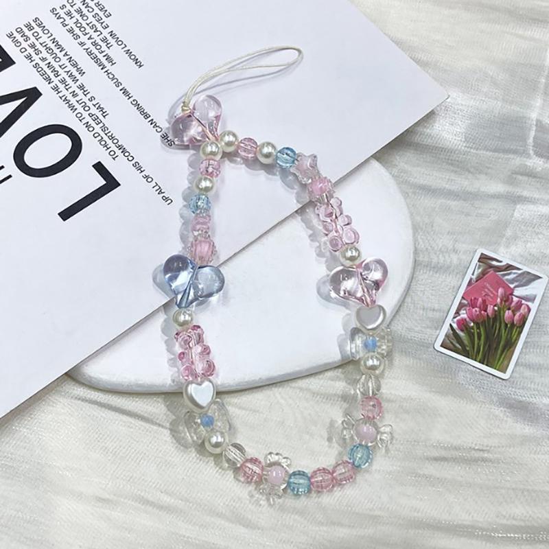 Korean Cute Charm Pink Butterfly Love Heart Phone Chain For Iphone Girl Women Jewelry Strap Beaded Lanyard Hanging Cord Bracelet