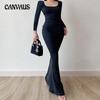 Spring and Autumn Square Neck Solid Color Slim Sexy Long Sleeve Dress Women's Long Dresses