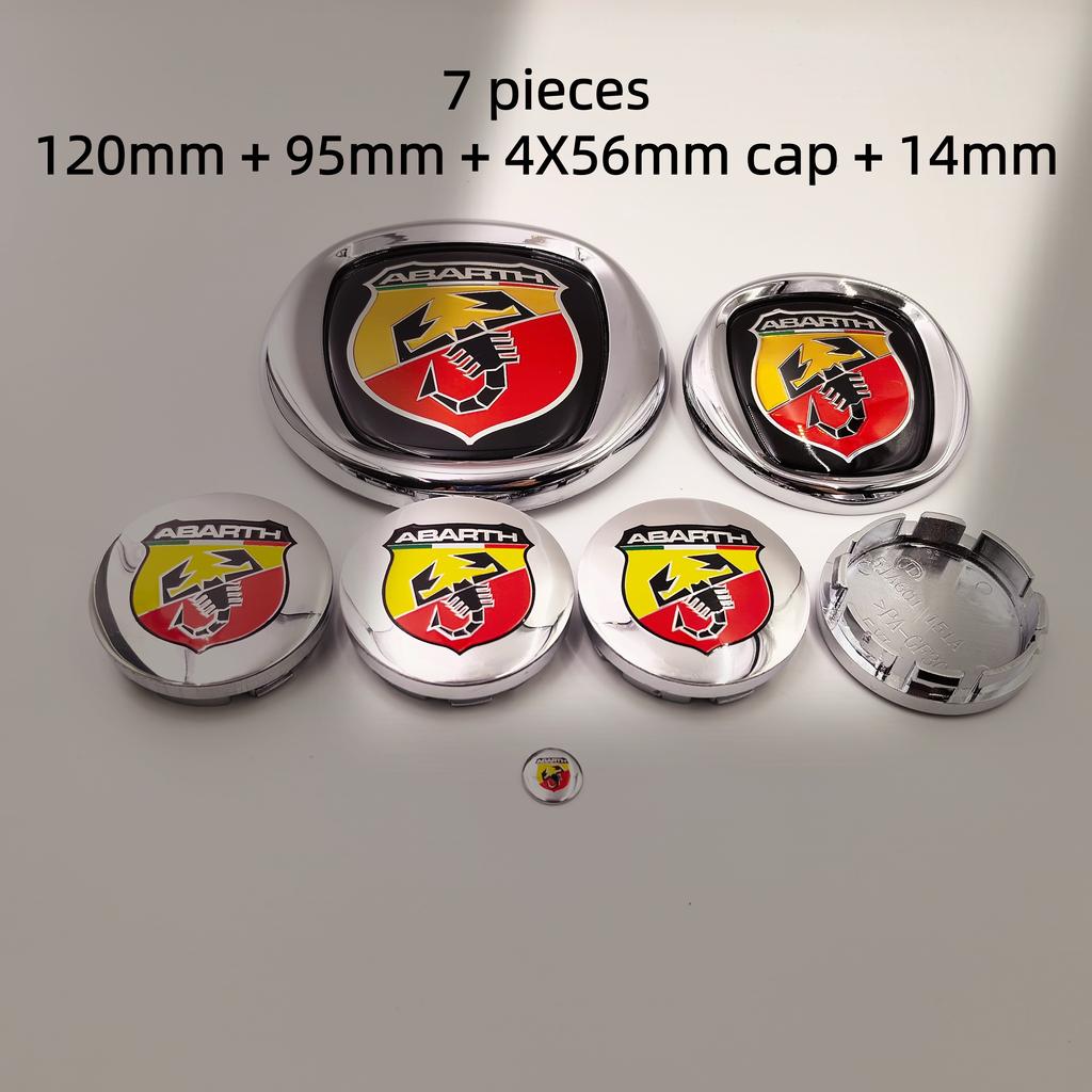 7pcs fiat Abarth Car Hood Front Bonnet Grill Rear Trunk Emblem Logo Badge 85/95/100/120mm Car Wheel Center Caps Hubcap Cover