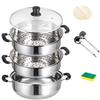 Multifunctional Steamer, Two-Tier, Three-Tier, "Triple-Layer Bottom" Compatible with Induction and Various Heat Sources, Glass Lid Included, Stainless