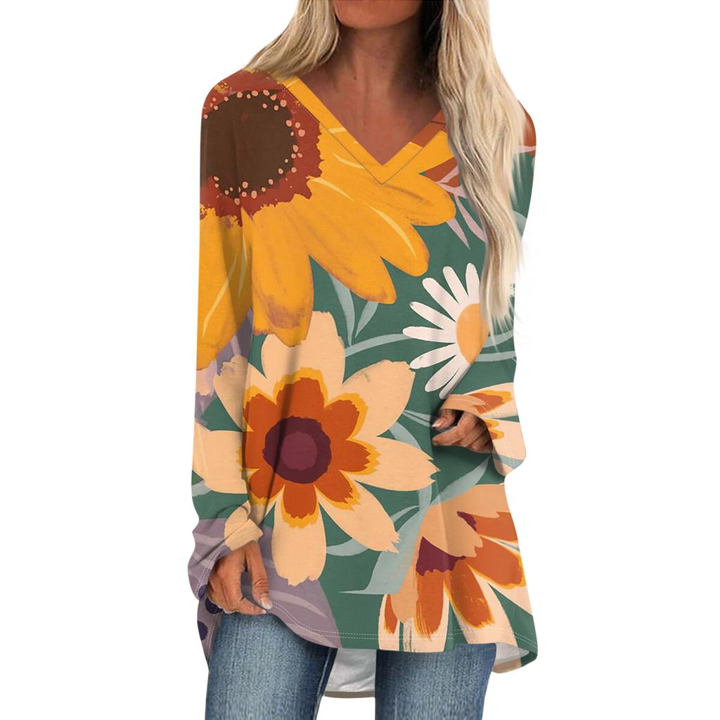 Женская и зимняя футболка с длинными рукавами и V-образным вырезом с принтом, повседневная, длинная, свободная