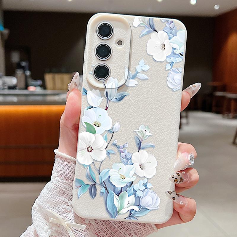 Матовый чехол для телефона с цветочным узором и текстурой из кожи для Samsung S25 Ultra S24 FE S23 S22 A36 A56 A16 A55 A26 A15 A35, тонкий противоударный мягкий чехол-накладка из ТПУ
