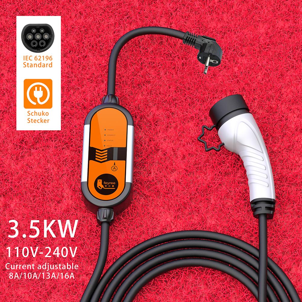 feyree Portable EV Charger Type2 16A 3.5KW EVSE Charging Cable Type1 SAE J1772 EU Plug Controller Wallbox for Electric Car