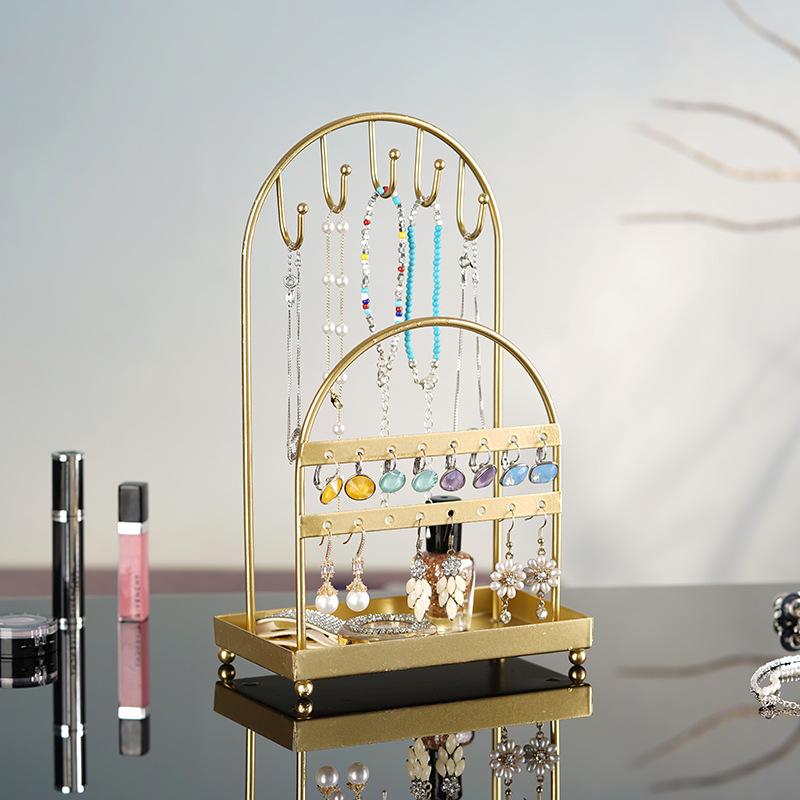 Европейский стиль, 2-слойная стойка для ювелирных изделий из кованого железа, многофункциональная стойка для хранения сережек, коробка для хранения колец, ожерелья, стеллаж для выставки товаров ювелирных изделий