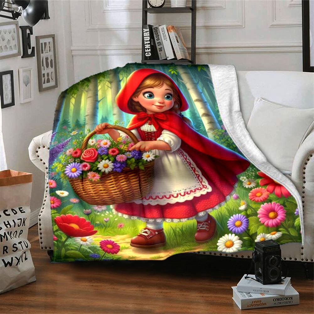 Little Red Riding Hood Holding Flower Basket Birch Forest Print Flannel Blanket Soft Warm Throw Blanket For Sofa Bedroom