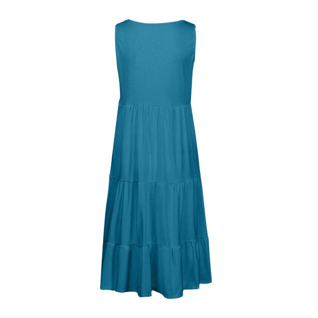 Женские платья-жилеты Лето-весна Плиссированные богемные платья Симпатичные струящиеся пляжные платья без рукавов Прямая футболка Платья-майки Платья с круглым вырезом