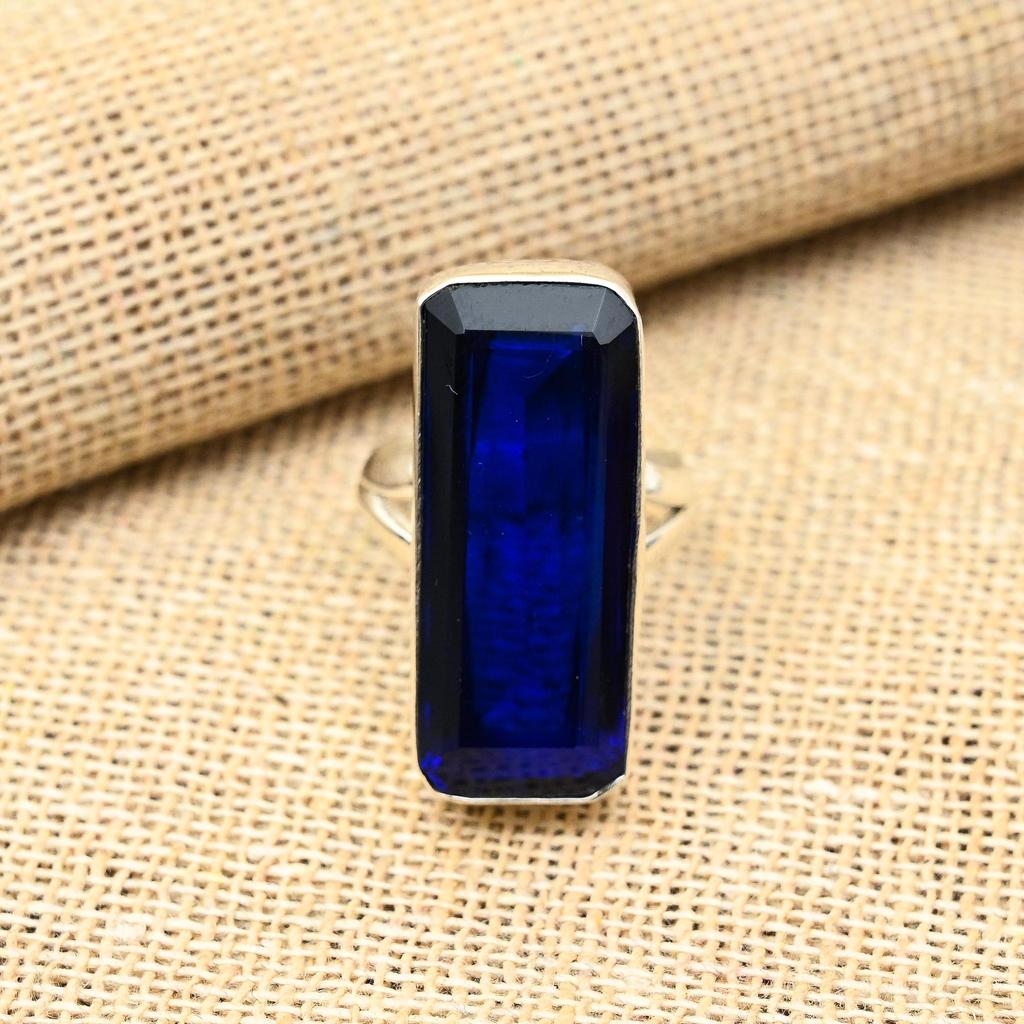 Blue Sapphire Lab-Created Gemstone Handmade 925 Solid Sterling Silver Jewelry Ring