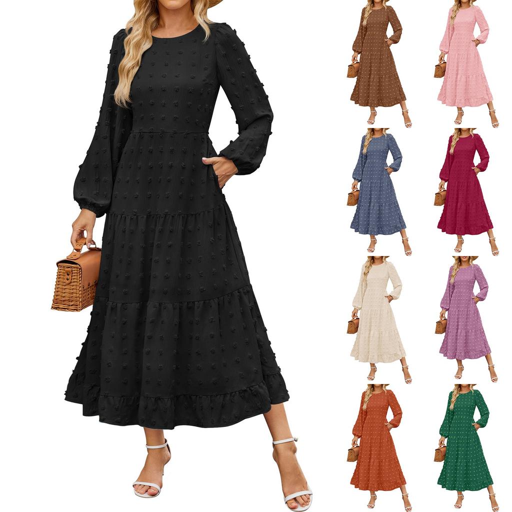 Women's Casual Round Neck Polka Dot Tiered Long Sleeve Ruffle Pocket Dresses