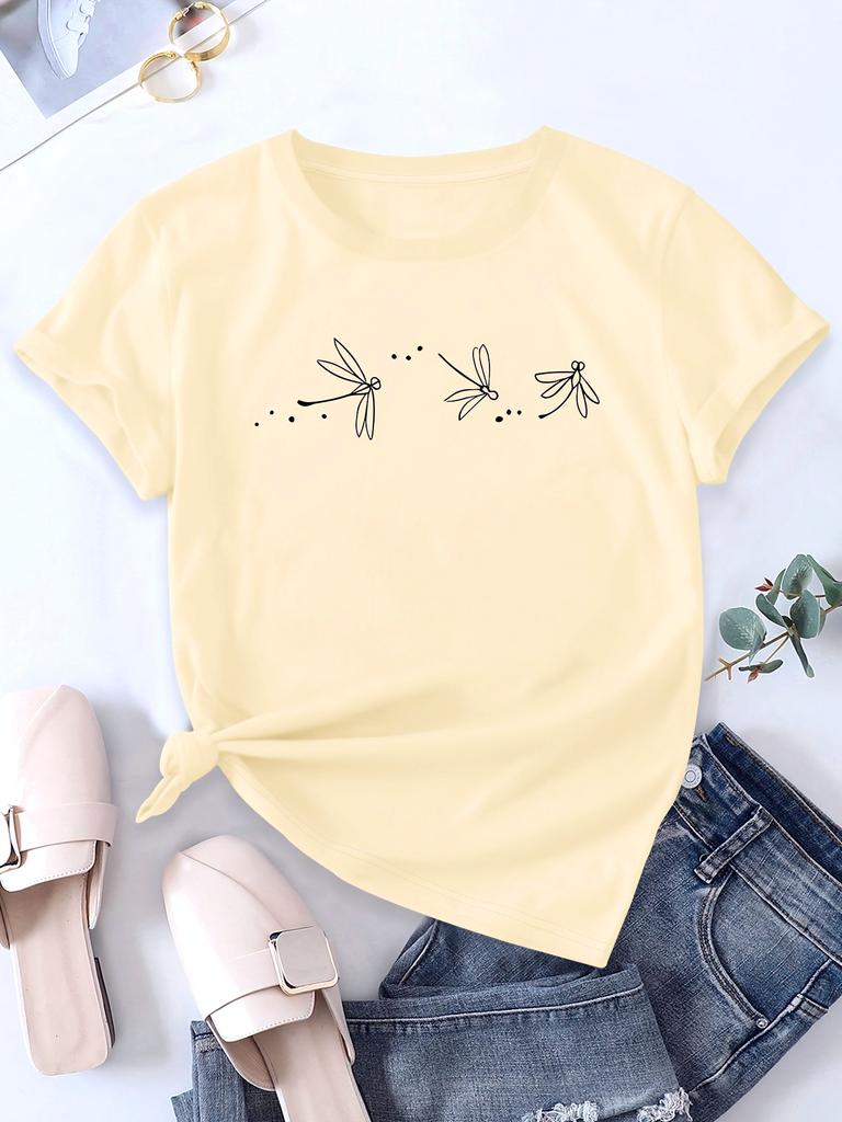 Unisex Casual Short Sleeve TShirt with Butterfly Dragonfly Animal Print Round Neck Fit Summer Casual Ladies T Shirts Soft Cloth
