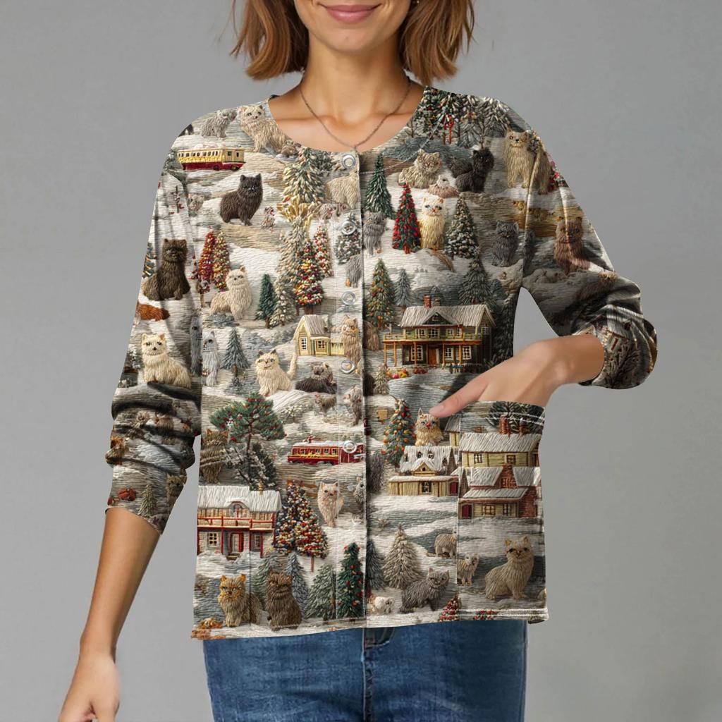 Women's Casual Long-Sleeved Single-Breasted Christmas-Themed Print Cardigan