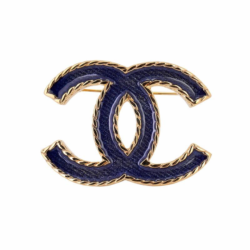 Chanel Золотая джинсово-синяя металлическая брошь с мелким глиттером, двойная C, женский стиль