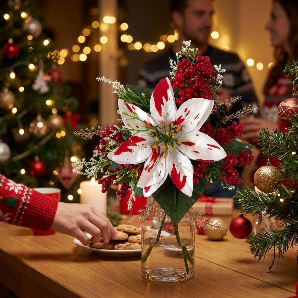 UV Resistant Artificial Poinsettia Bouquet Lush Leaves Xmas Faux Poinsettia Christmas