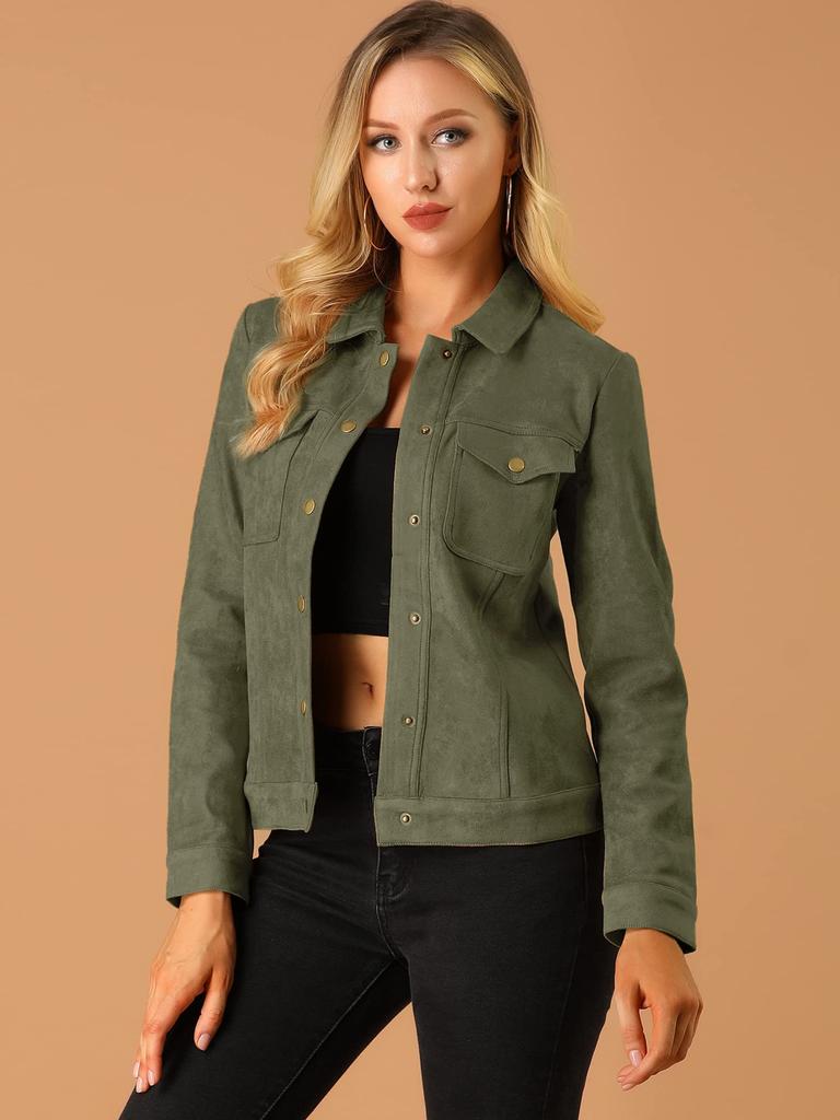Allegra K Jacket, Faux Suede, Turn-Down Collar, Snap Buttons, Dark Green, Size L