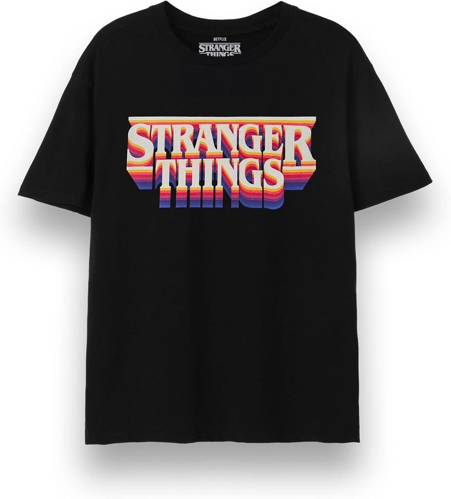 Stranger Things Unisex T-Shirt | Adults Retro Logo Short Sleeve Black Graphic Tee | Hawkins Vintage Top | Netflix Merchandise