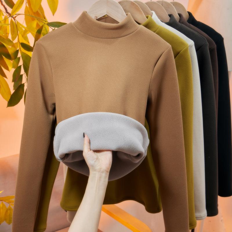 Осень Зима Высокий воротник Однотонный Пуловер Топ Женский Длинный рукав Повседневная Мода бархатный теплый Футболка