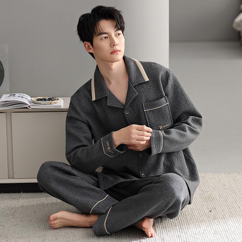 Мужская пижама осенне-зимняя, двухслойная из воздушного хлопка, утолщенная, из чистого хлопка, с длинным рукавом, теплая зимняя, тонкий стеганый комплект для дома