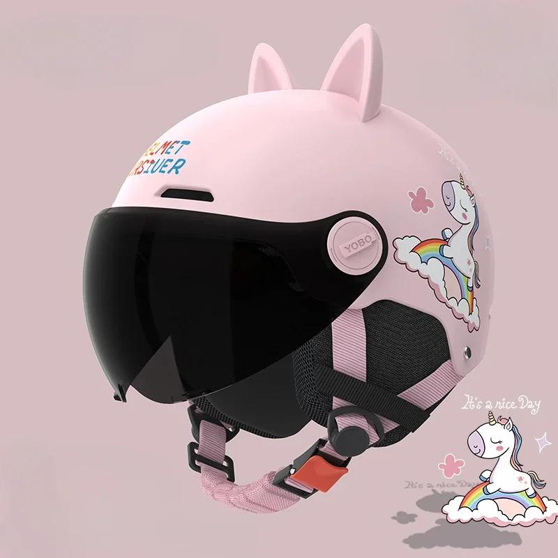 Детский шлем с кошачьими ушками и солнцезащитным козырьком с защитой от УФ-лучей, спортивный шлем для безопасности, детская защитная экипировка для езды на электросамокате, велосипеде, мотоцикле