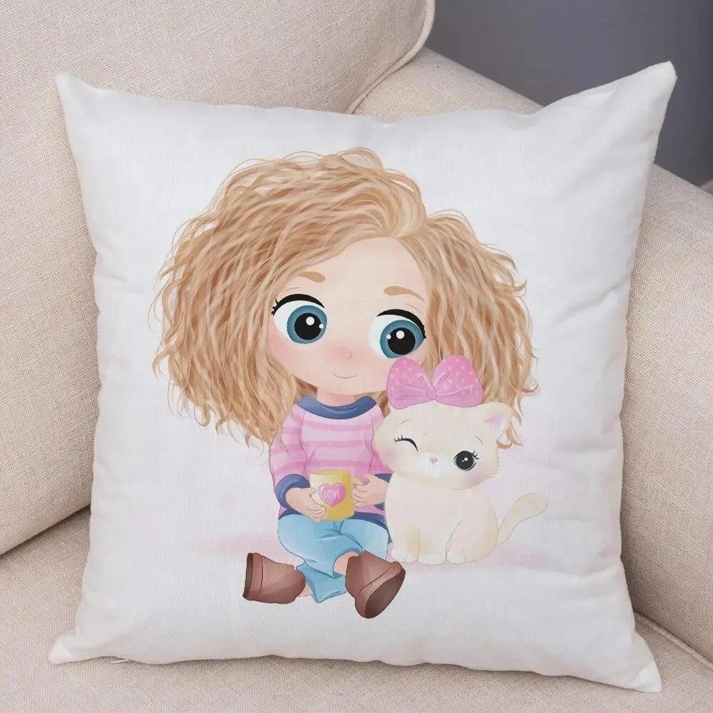 Cute Girl and Cat Pillowcase Car Ornaments Office Living Room Sofa Home Pillowcase