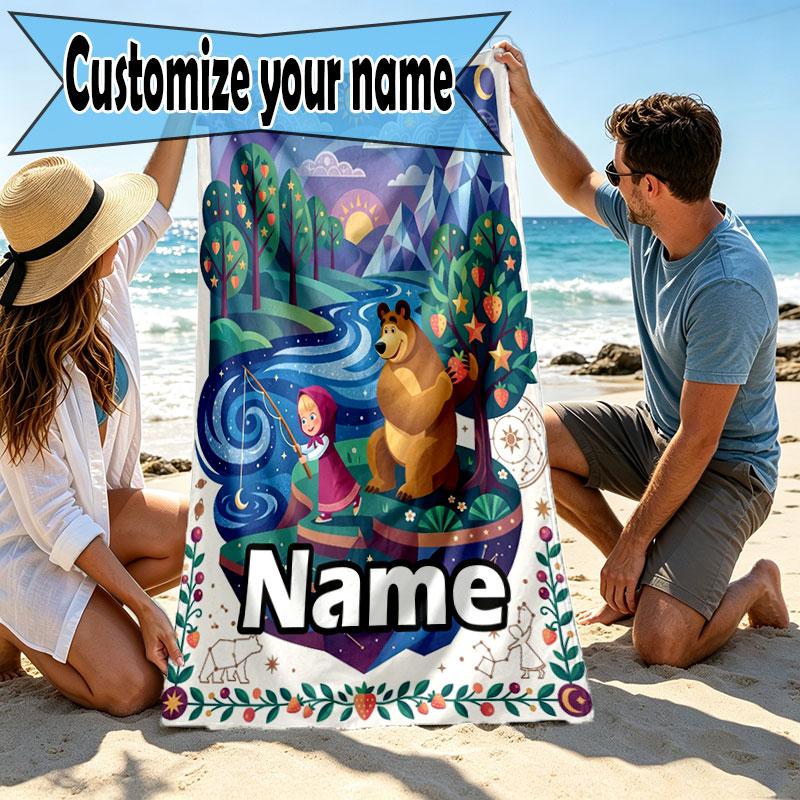 Custom Name Personalized Masha and the Bear Print Beach Towel, for Trip Camping Beach Party Home Decor, Birthday Gift for Family & Friends