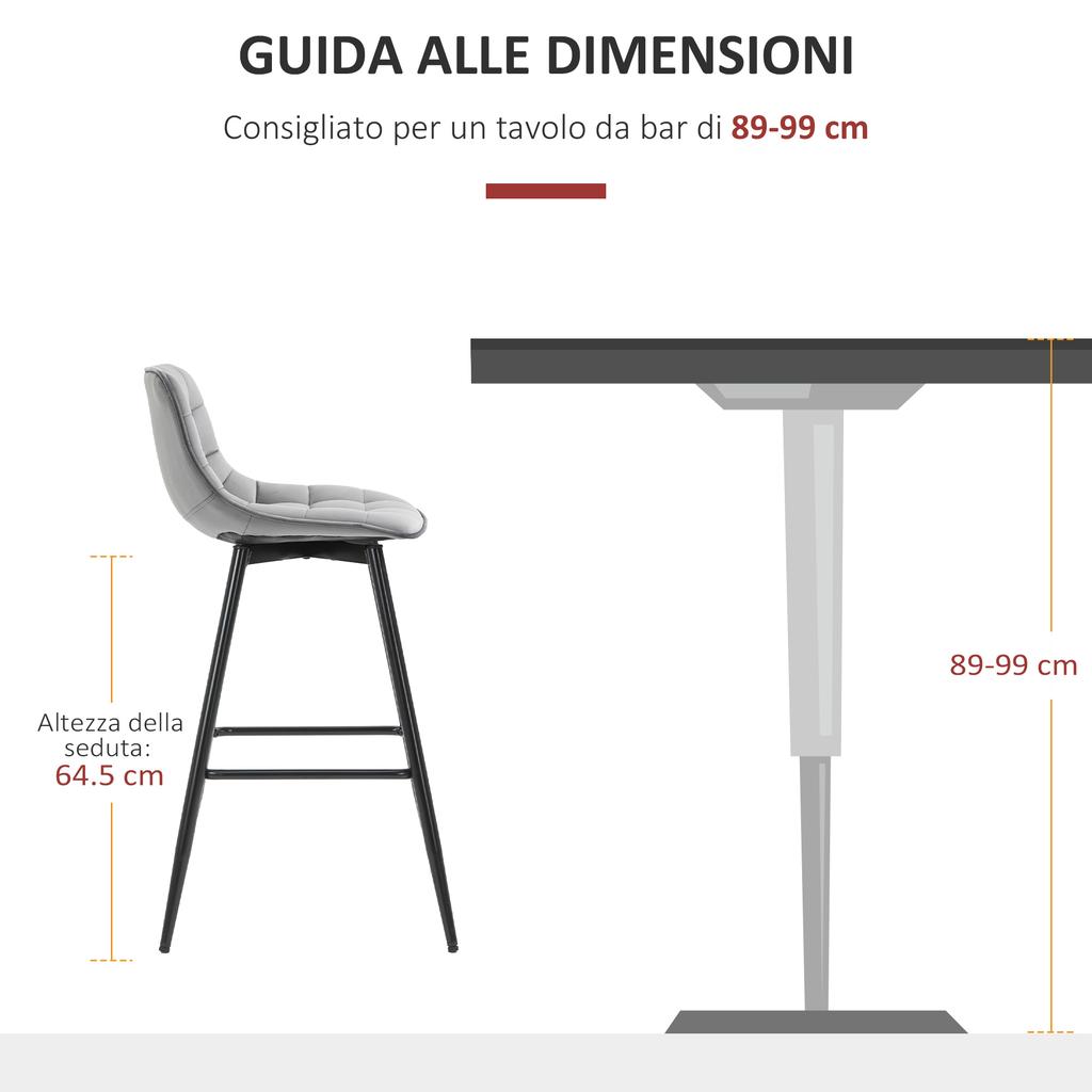 Set of 2 Tall Stools in Nordic Style with Backrest and Footrest, Stools with Backrest in Velvet Effect Fabric and Metal, 45x47x88 cm, Grey