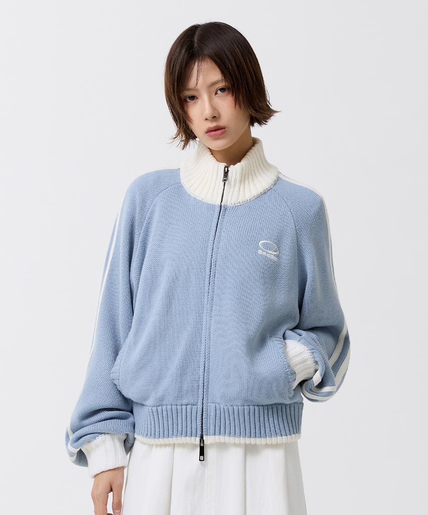 ODDSTUDIO Sporty Track Semi-Crop Knit Zip-Up - Sky Blue