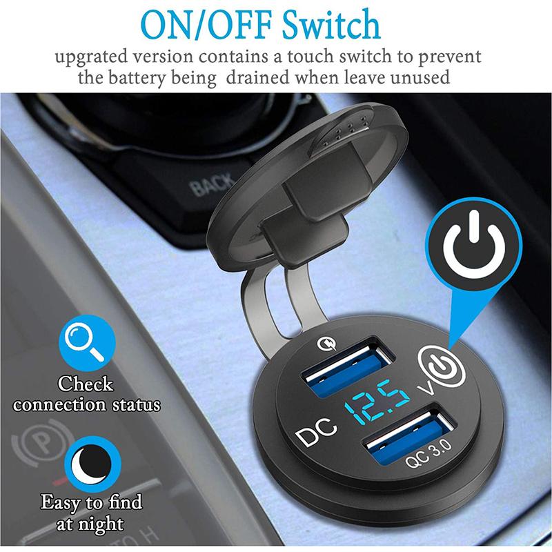 2 в 1 водонепроницаемое автомобильное зарядное устройство Dual QC 3,0 USB с сенсорным переключателем 12 В 24 В розетка прикуривателя для мотоцикла, лодки, грузовика, квадроцикла