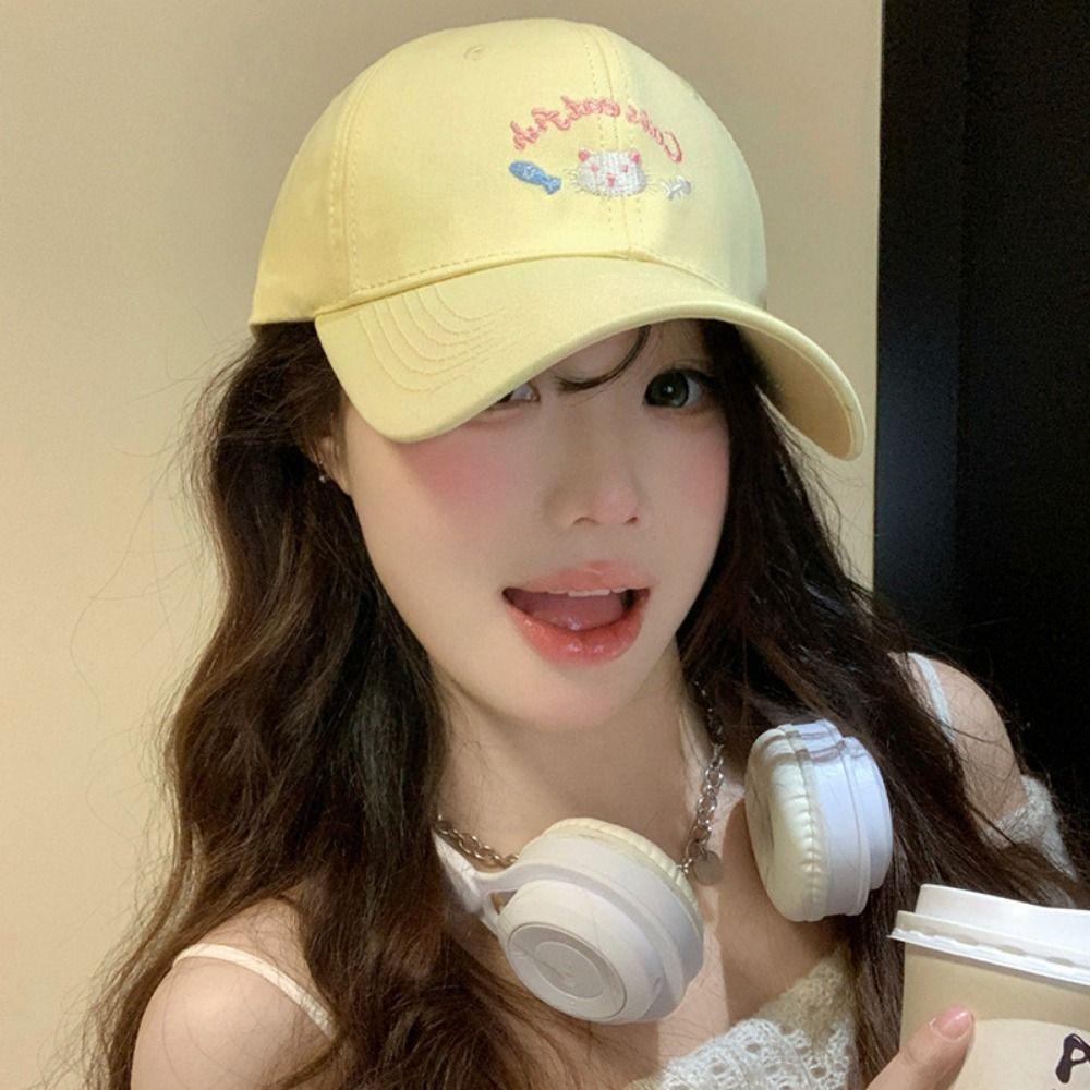 Вышитая шляпа-зонтик с изображением кота Повседневная кепка Милая мультяшная бейсболка для студентов