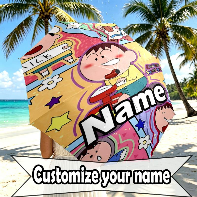Custom Name Personalized Crayon Shin Print Umbrella, Auto Open Close, 8‑Rib Sturdy Frame, Commute Camping Hiking Use, Birthday Gift