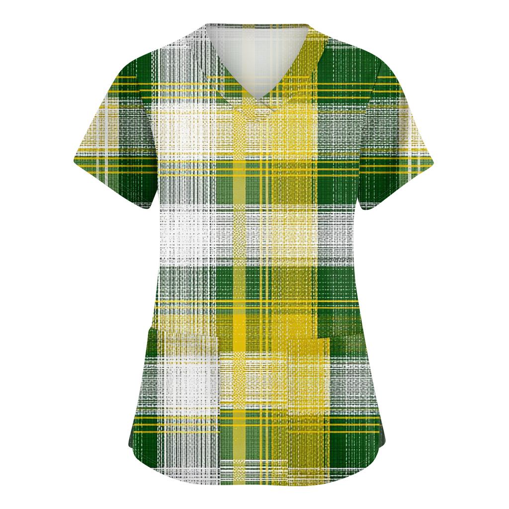 Ladies' St. Patrick Print Fashionable V-neck Pocket Short Sleeved  Uniform And Caregiver Top