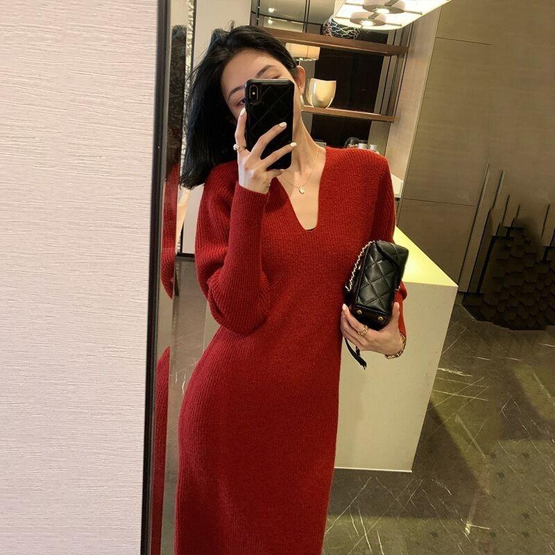 Легкая роскошь, утонченный стиль, королевский сестринский, легкий зрелый темперамент, платье-муза, вязаное красное платье на подкладке, женское, зимнее