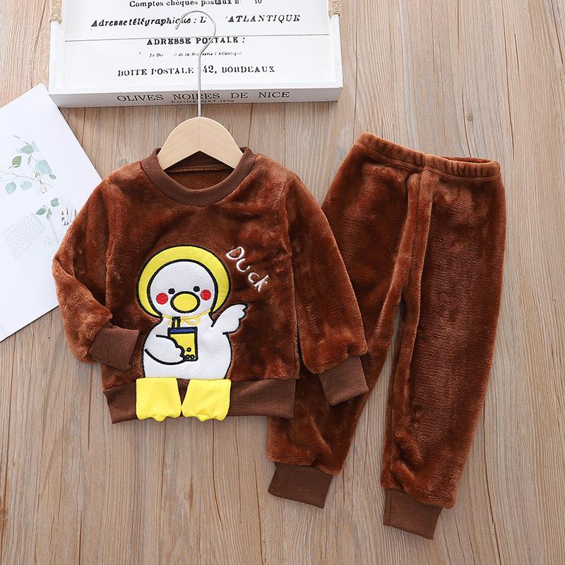 Children's Autumn and Winter Pajamas with Cartoon Bear Flannel Set of Home Clothes