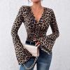 Leopard Print Layered V-neck Puff Sleeve Bodycon Sweater