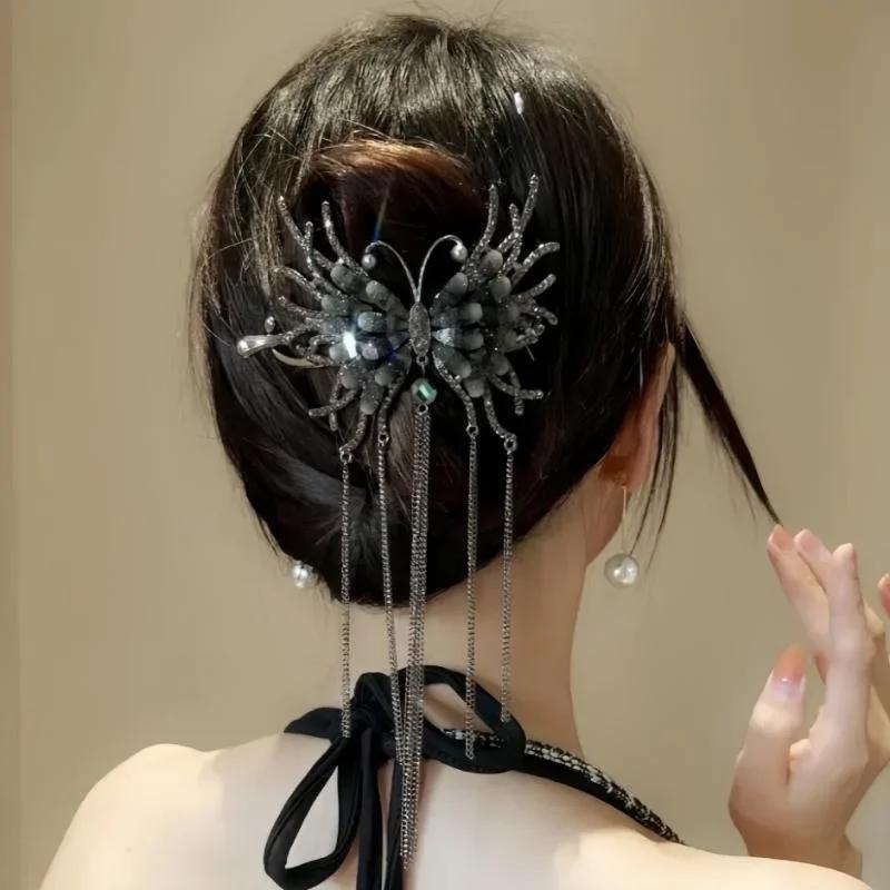 Fashion Retro Women's Butterfly Chain Tassel Rhinestone Hairpin Sweet and Spicy Cool Dark Wind Women's Hair Accessories Hairpin
