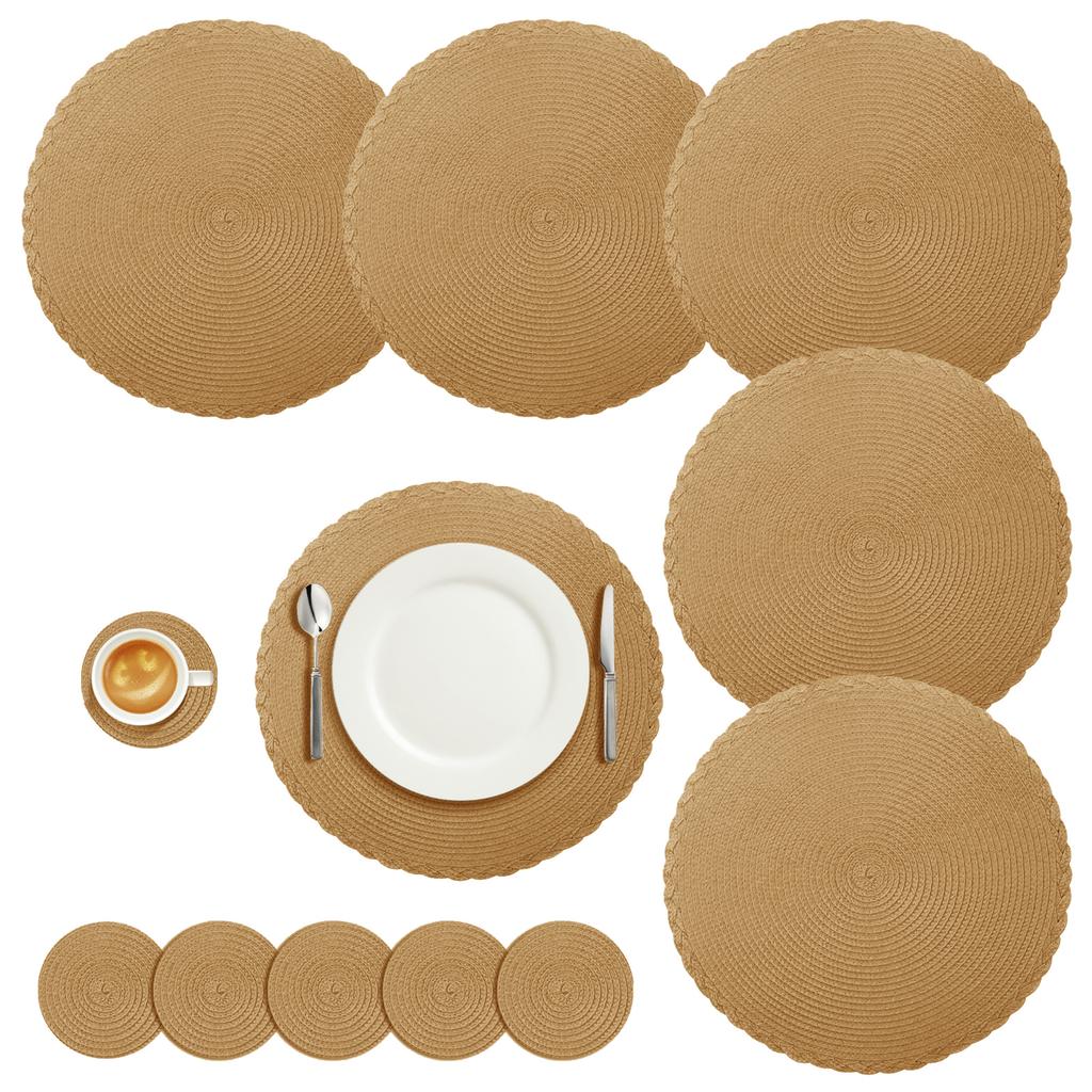 Set of 6 Round Braided Table Mat Washable Placemats Non Slip Heat Resistant for Kitchen Dining Tables Pad With 6Pc Cup Coasters