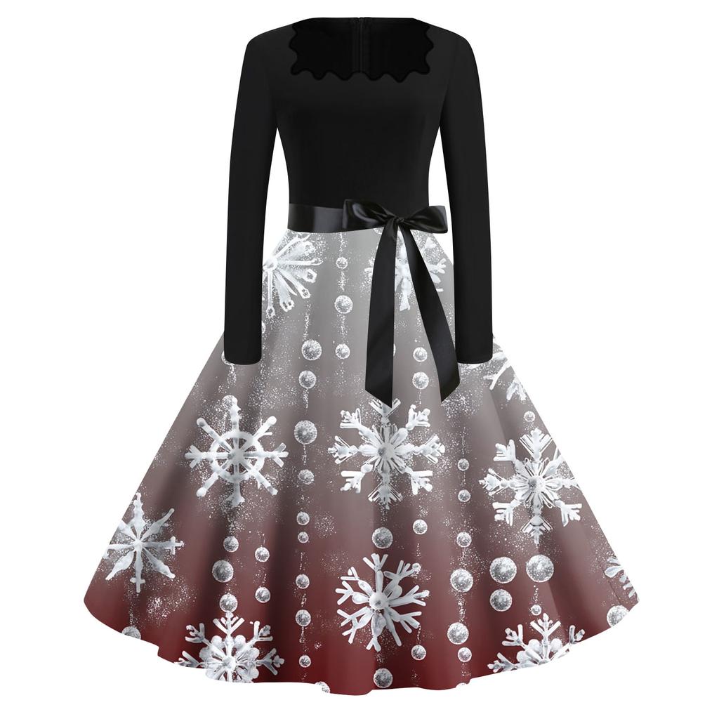 Women's Fashion Casual Square Neck Slim Christmas Printed Long Sleeve Dresses