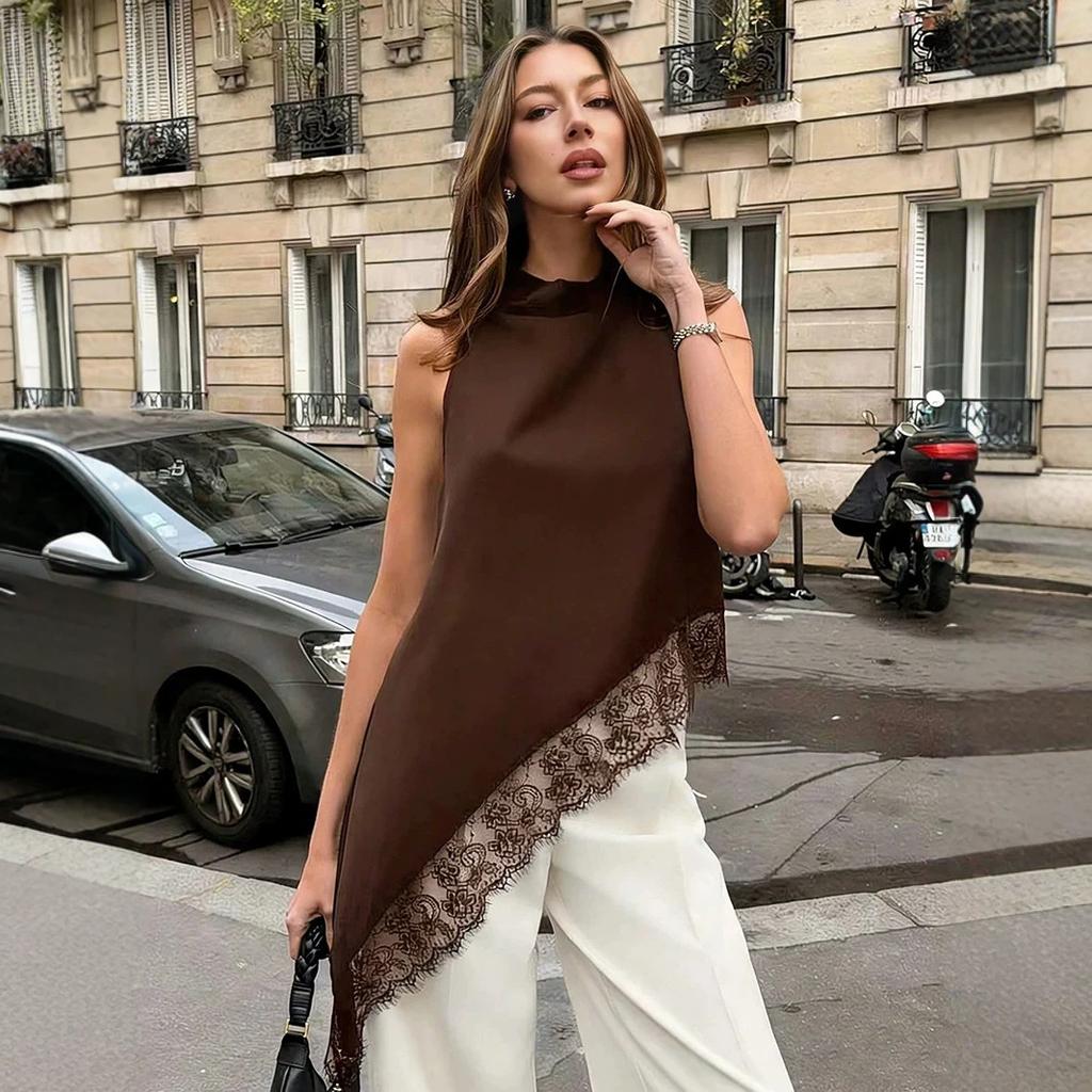 Женская летняя новая блузка-рубашка с круглым вырезом, средней длины, без рукавов