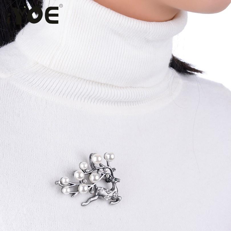 Cute Animal Deer Brooches Women Black Vintage Rhinestone & Simulated Pearl Brooch Pins Jewelry